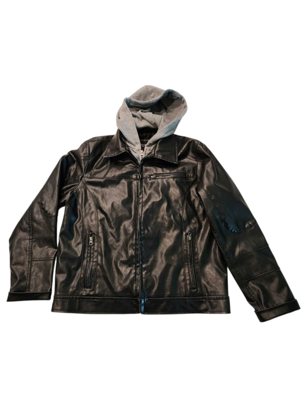 Guess Black Faux Leather Hooded Biker Jacket Zip Pockets Men's Gary Size L